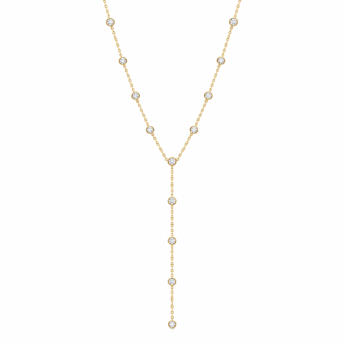 A delicate gold Y-necklace featuring multiple small round-cut clear gemstones set along the chain and hanging drape, shown against a solid white background.