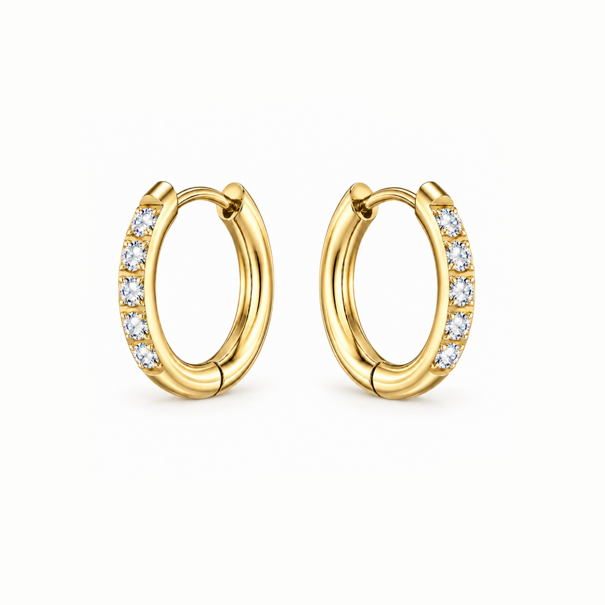 A pair of gold huggie hoop earrings, each adorned with a row of clear pavé-set round diamonds on the front curve, shown against a plain white background.