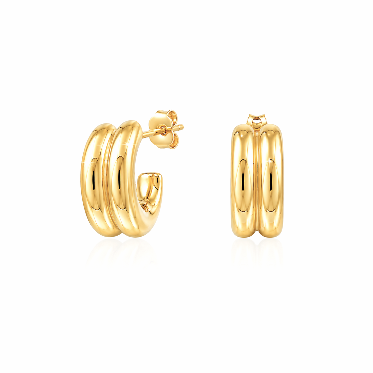 A pair of polished yellow gold hoop earrings with a triple-bar design, shown on a clean white background.