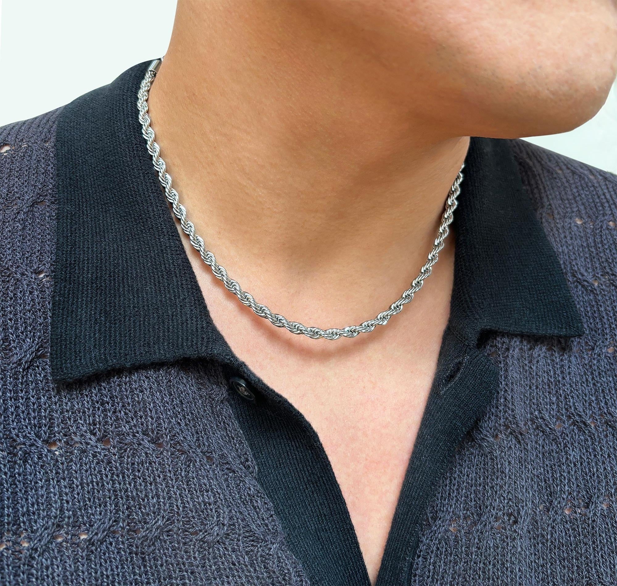 silver rope chain necklace mens waterproof jewelry