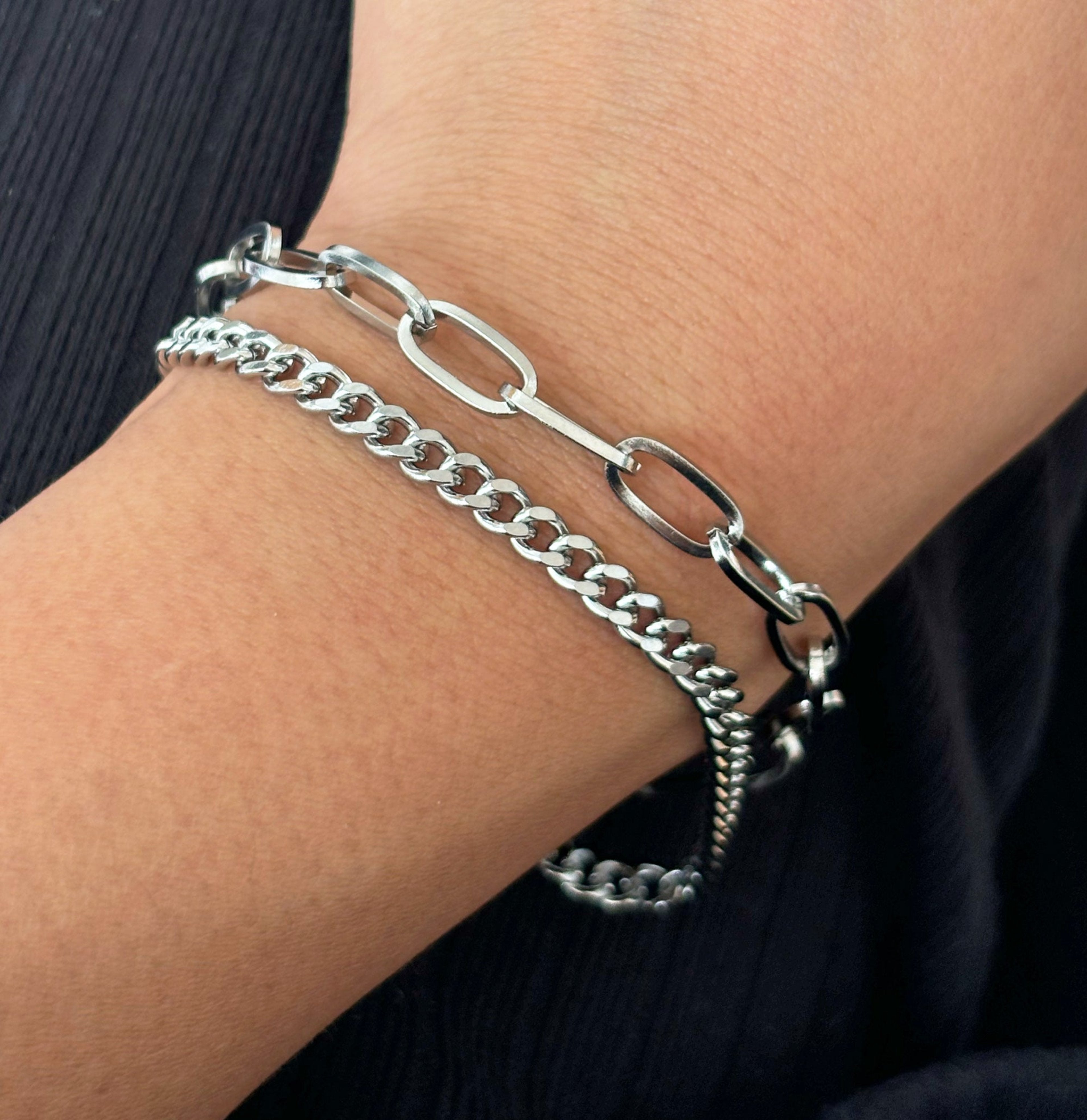 silver-duo-chain-bracelet-worn on model