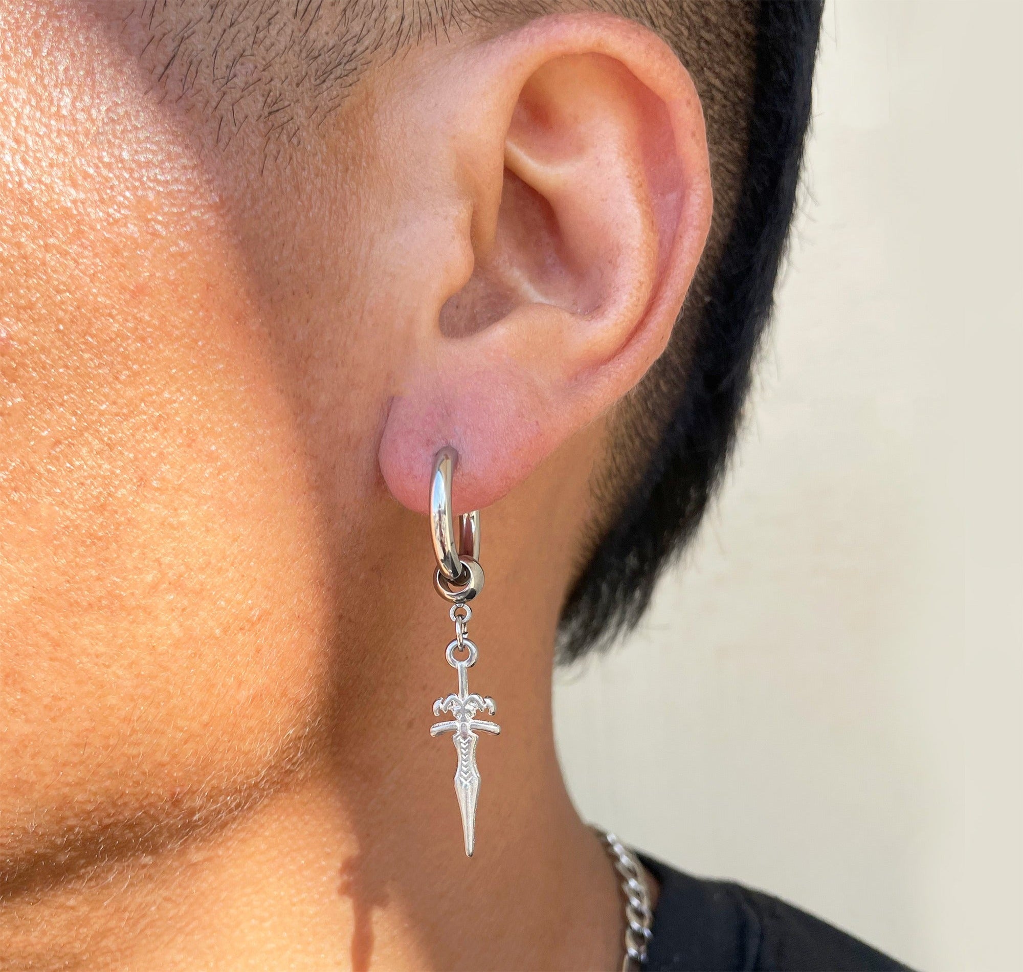 SILVER HUGGIE DAGGER EARRING MENS WATERPROOF JEWELRY