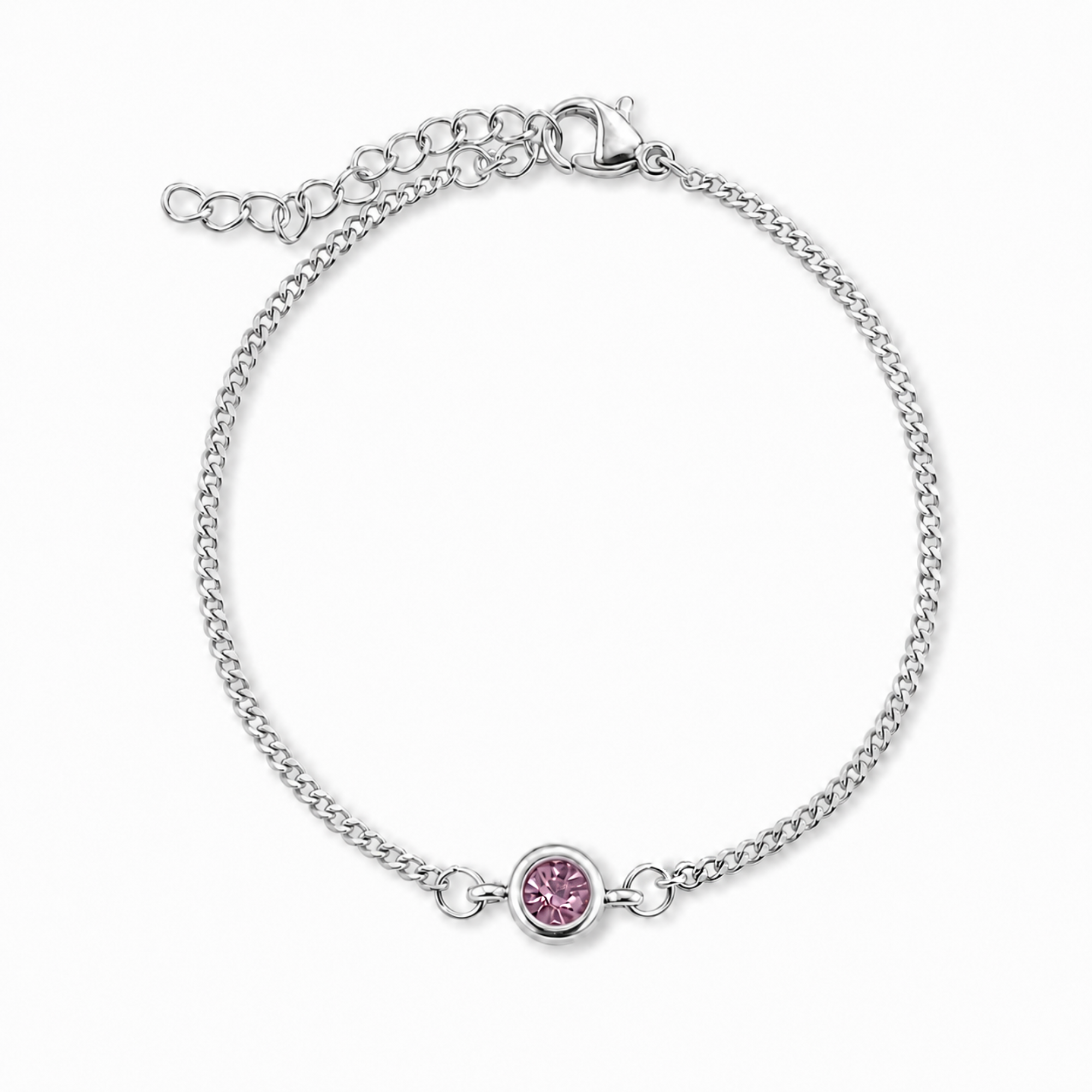 A silver chain bracelet with a small round bezel-set muade pink gemstone charm, displayed on a clean white background. June brithstine jewelry