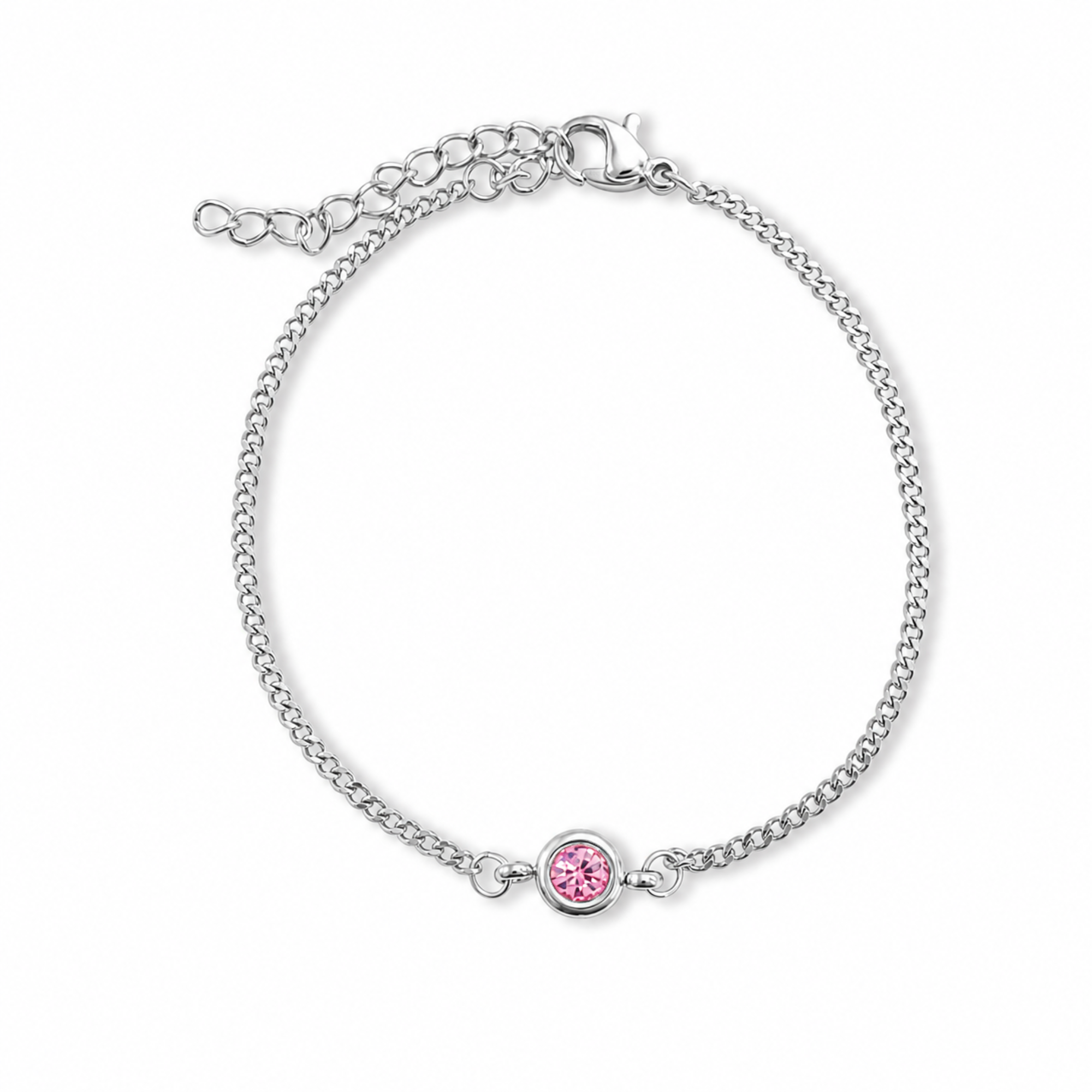 A silver chain bracelet with an adjustable lobster clasp and an extender chain, featuring a small round bezel-set pink gemstone at the center, shown on a plain white background.