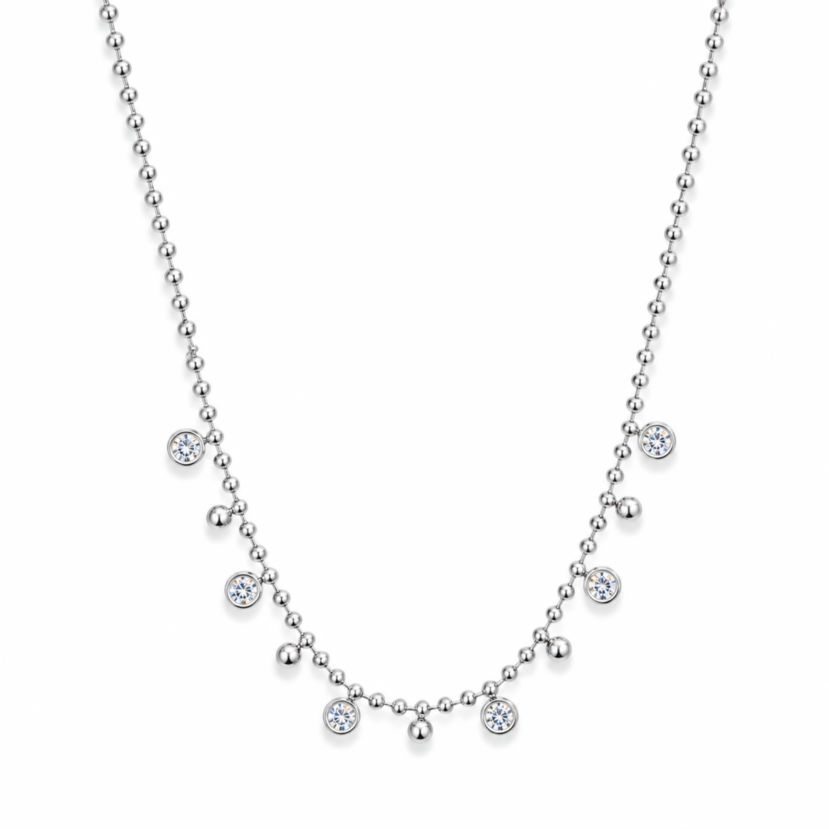 A silver ball-chain necklace with small dangling round bezel-set clear stones, displayed on a clean white background.