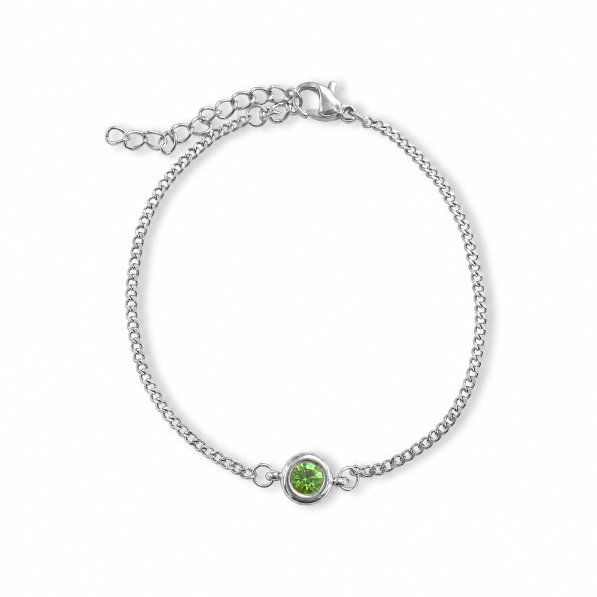 A silver chain bracelet with an adjustable lobster clasp and an oval bezel-set green august gemstone at the center, shown on a plain white background.