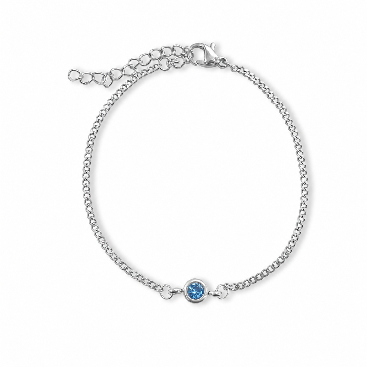 A silver chain bracelet with an adjustable lobster clasp and a small round blue gemstone accent, shown on a plain white background.