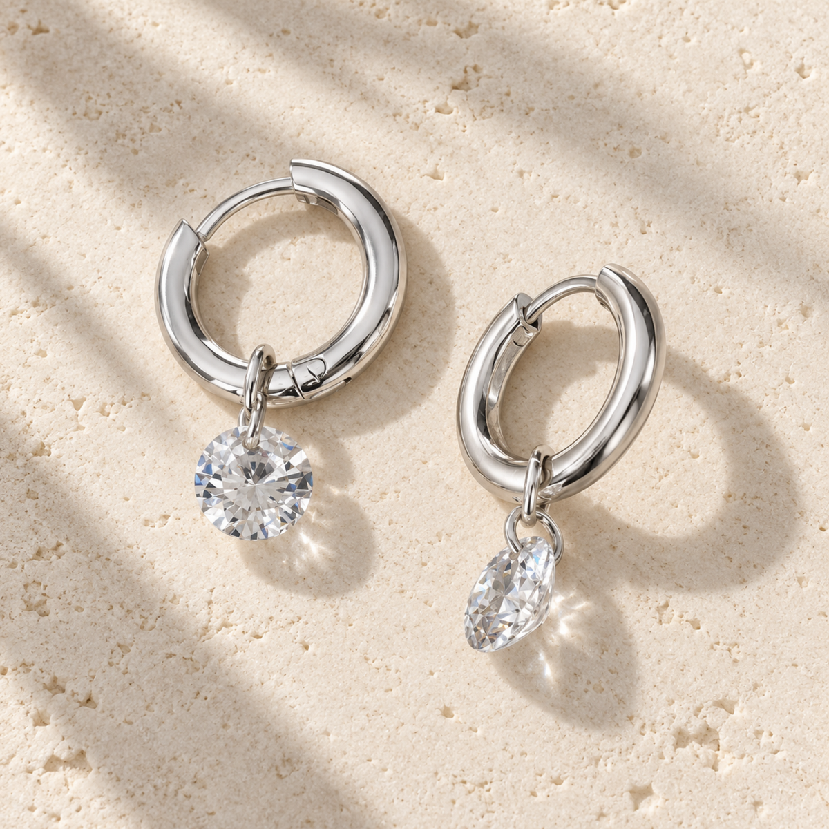 silver diamond drop huggie hoop earrings