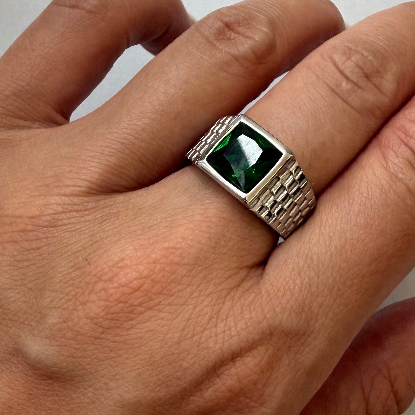 SILVER EMERALD-GREEN CZ SIGNET RING - SAMPLE