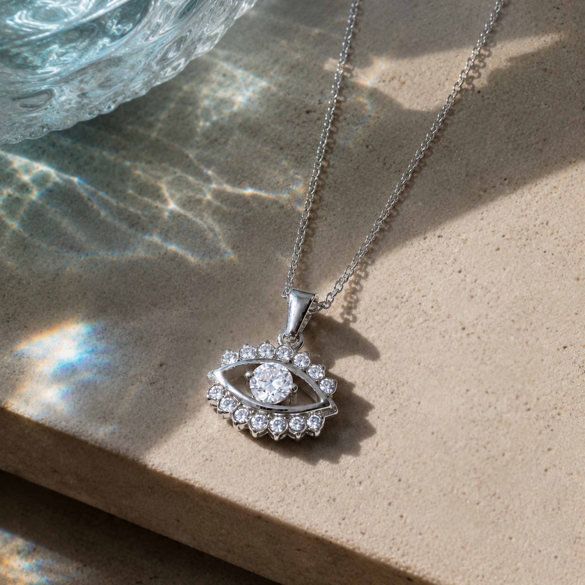 Silver necklace with an eye-shaped pendant on a textured surface waterproof jewelry