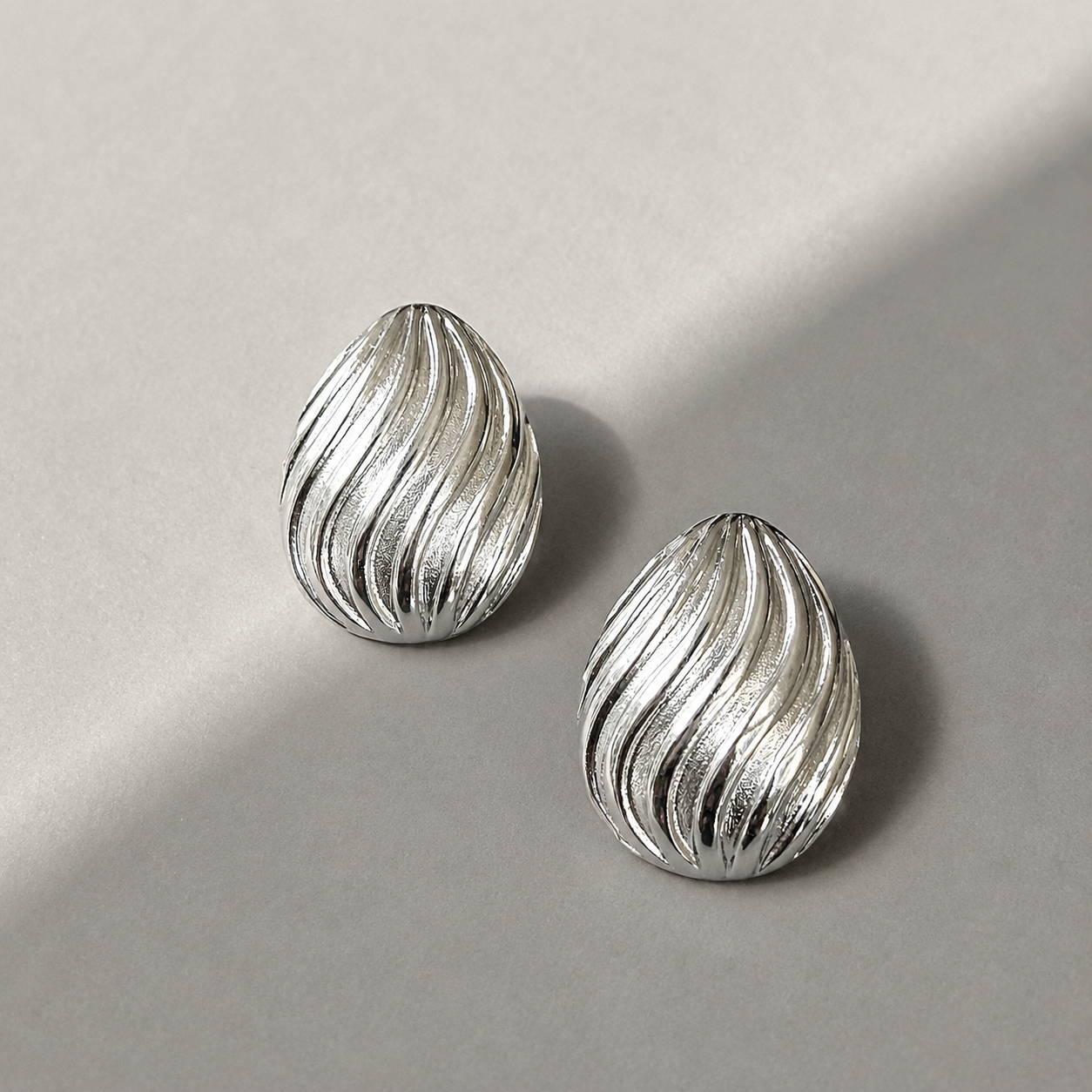 silver ribbed statement oval earrings waterproof jewelry