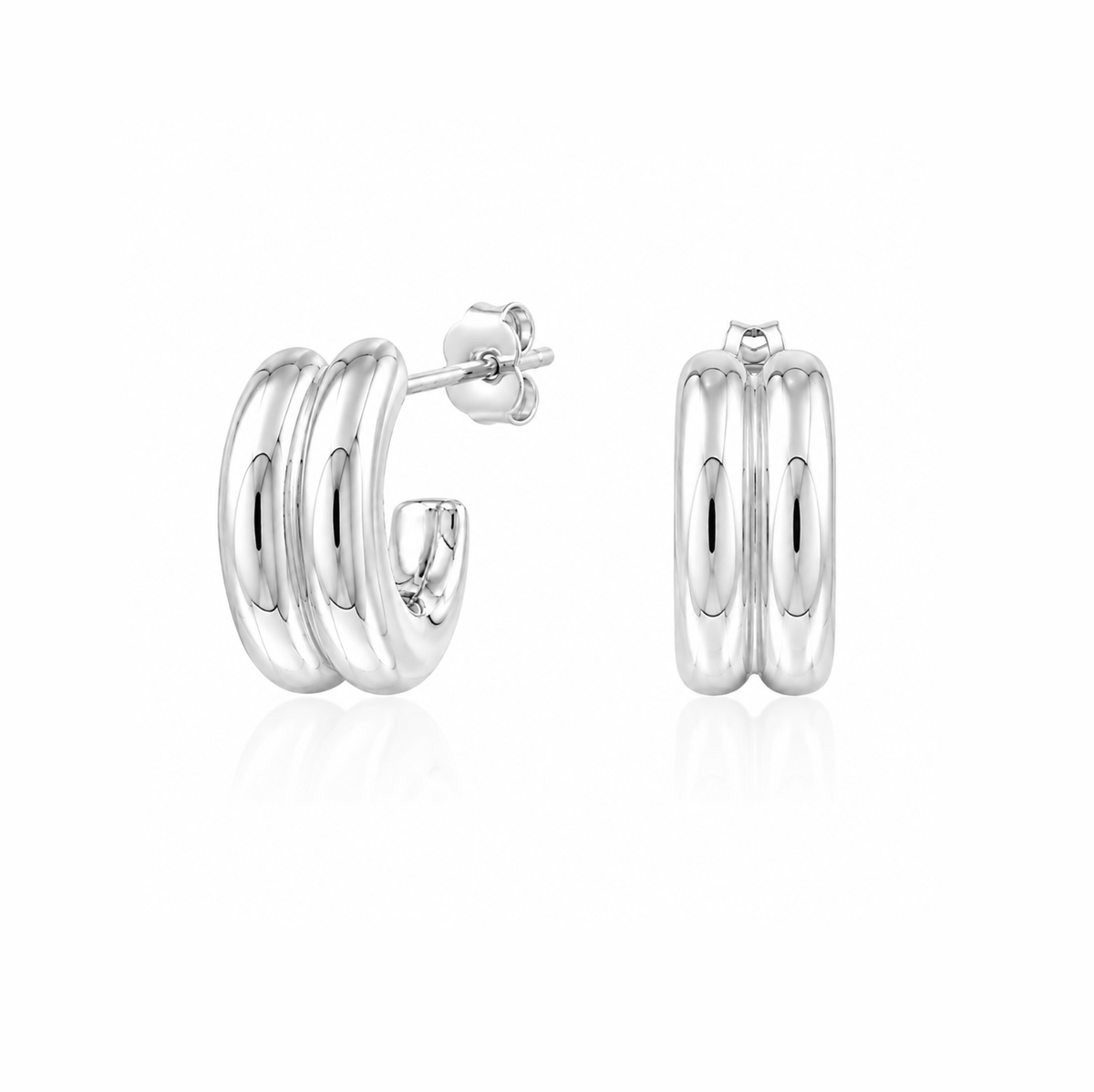 A pair of polished silver hoop earrings with a double-bar design, shown on a clean white background with subtle reflections.
