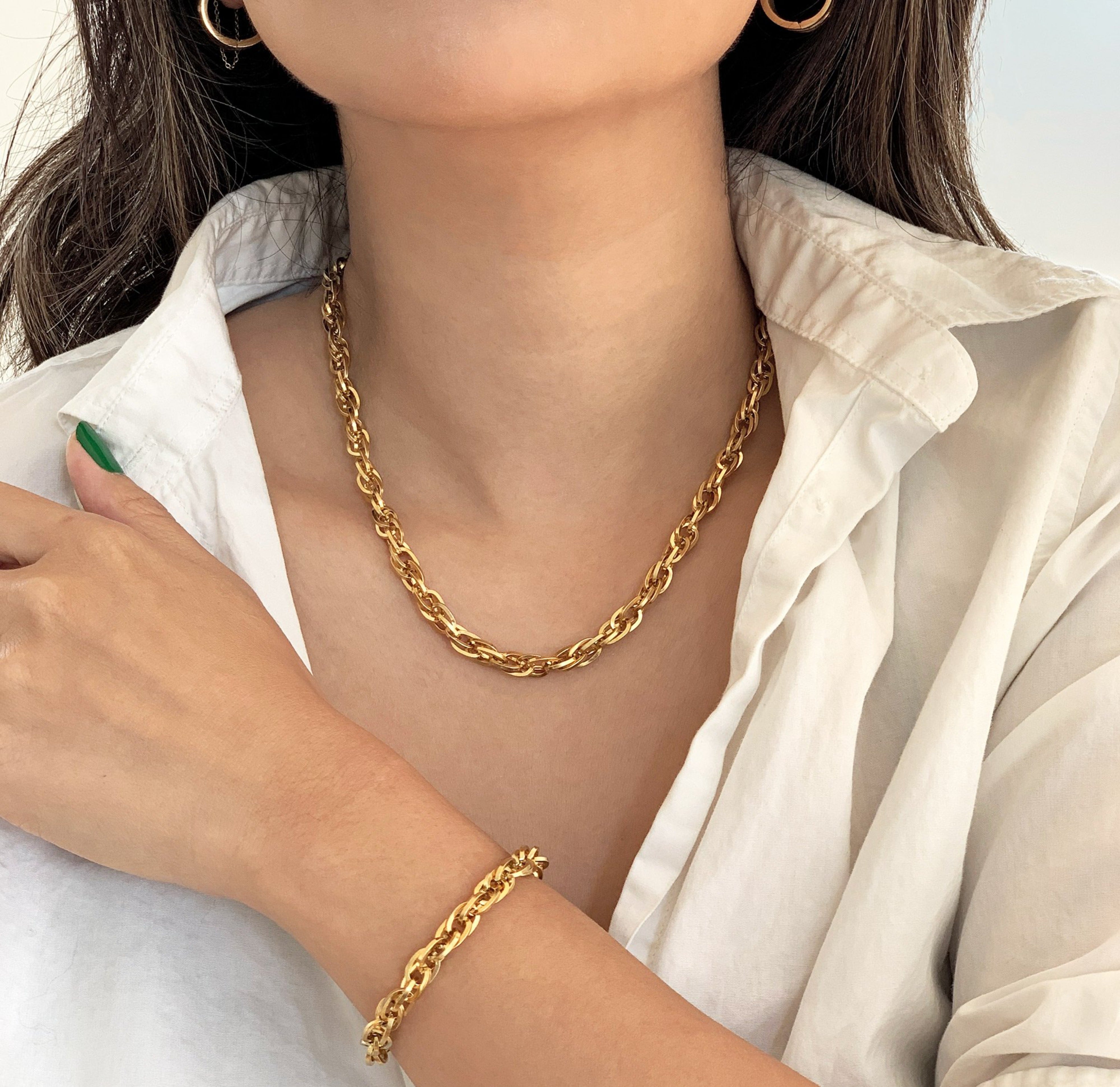 Gold rope chain and shop bracelet set