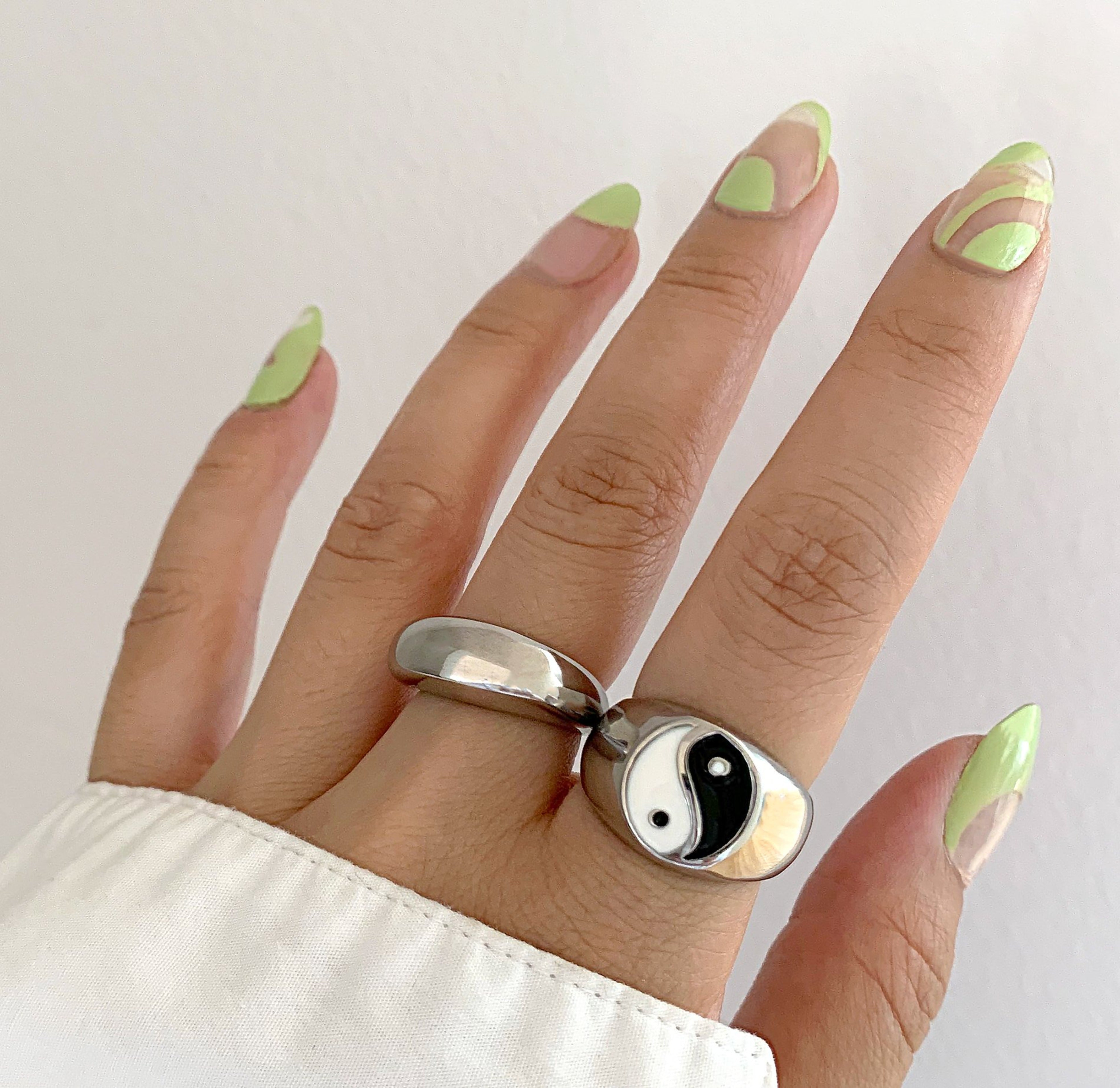 Silver signet yin yang ring  paired with Capri dome ring. Silver waterproof jewelry